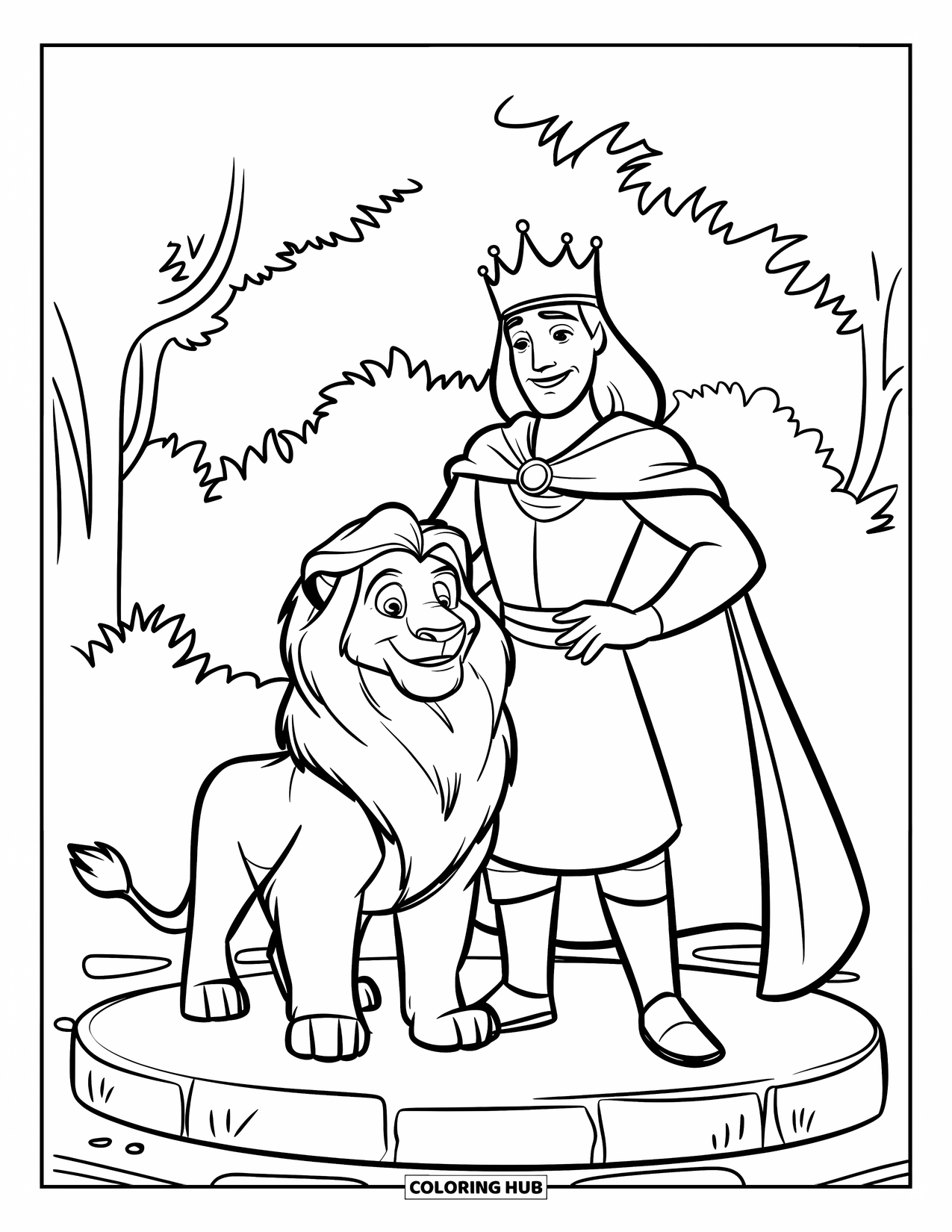 King Coloring Page for Kids: A friendly king stands proudly beside his lion on a stone platform