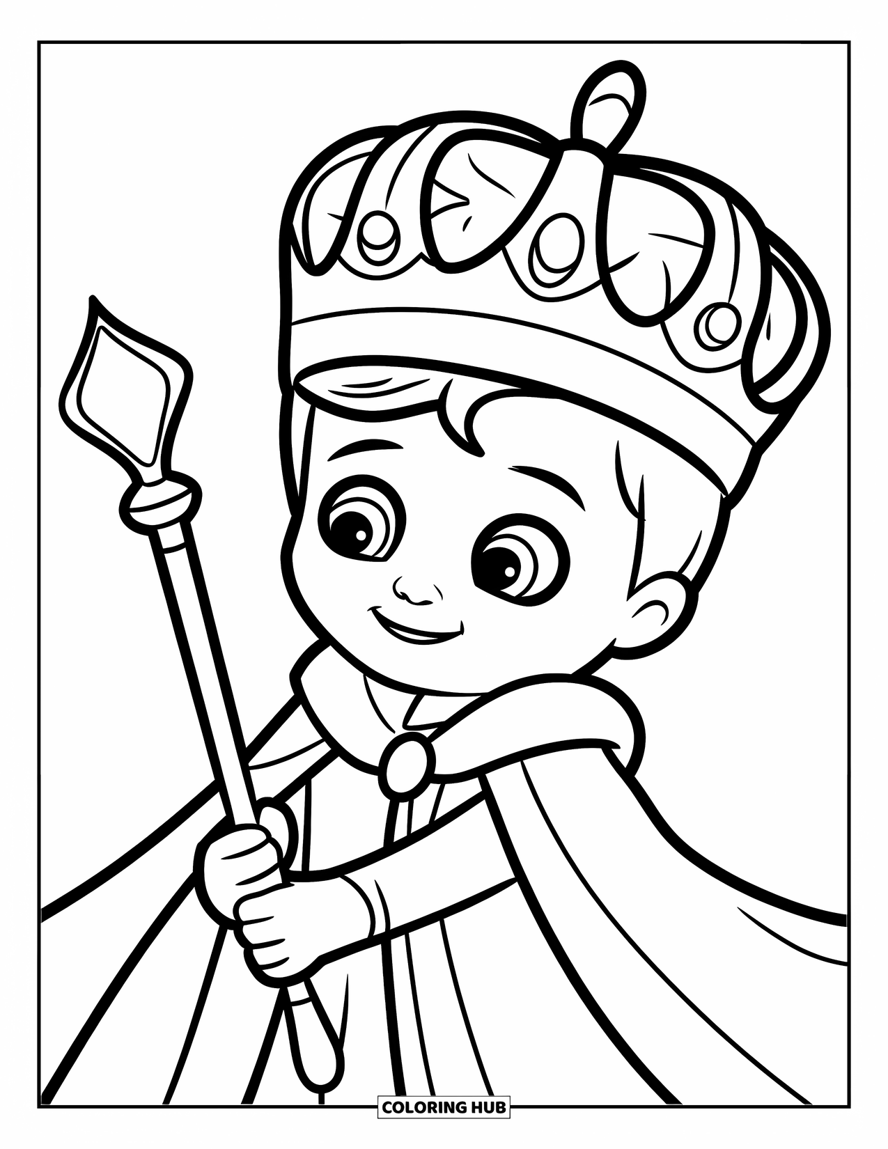 King Coloring Page for Kids: A gentle king holds his scepter with a kind smile