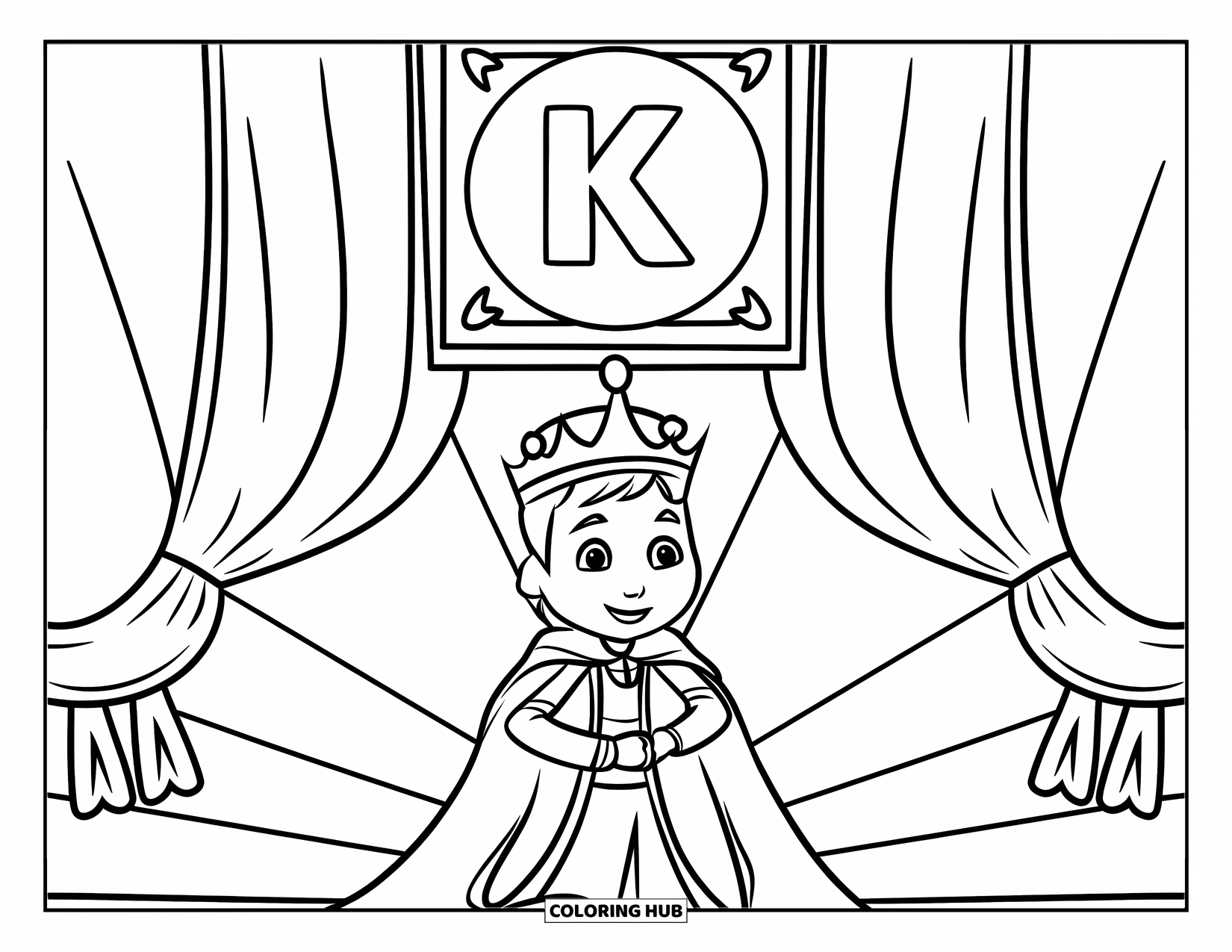King Coloring Page for Kids: A happy king stands beneath a banner marked with the letter K