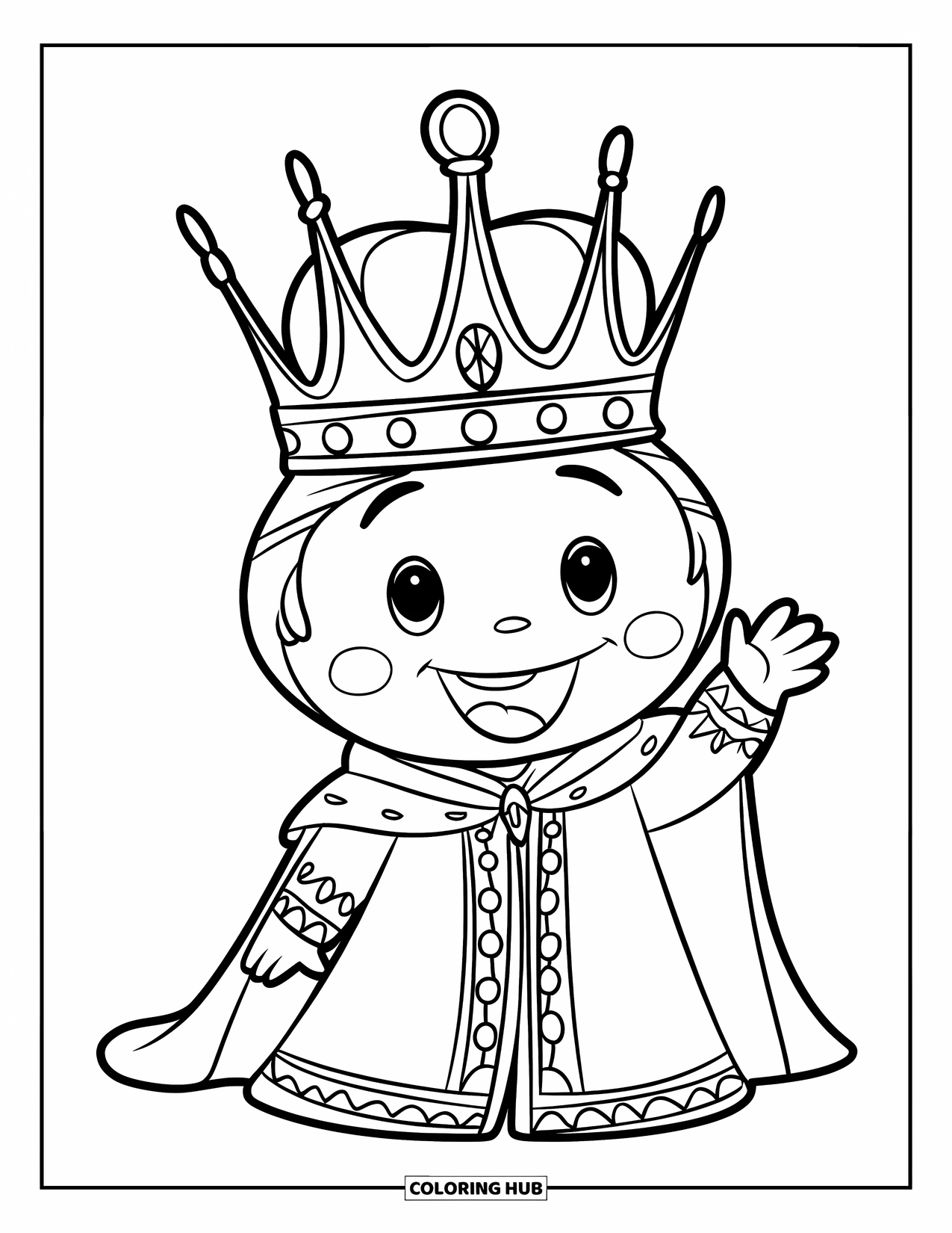 King Coloring Page for Kids: A happy king with a spiked crown waves proudly in his royal robe