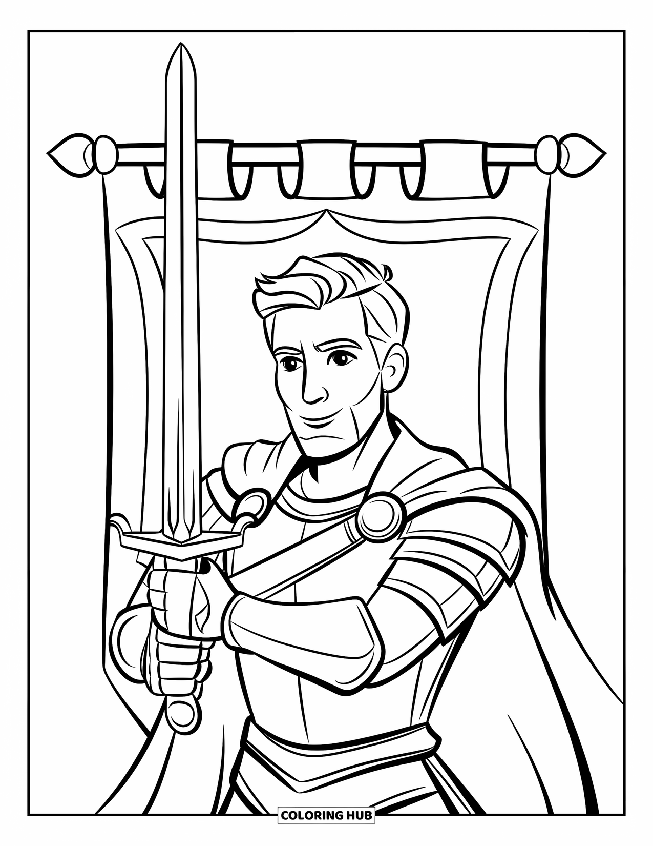 King Coloring Page for Kids: A heroic king stands tall holding his sword proudly