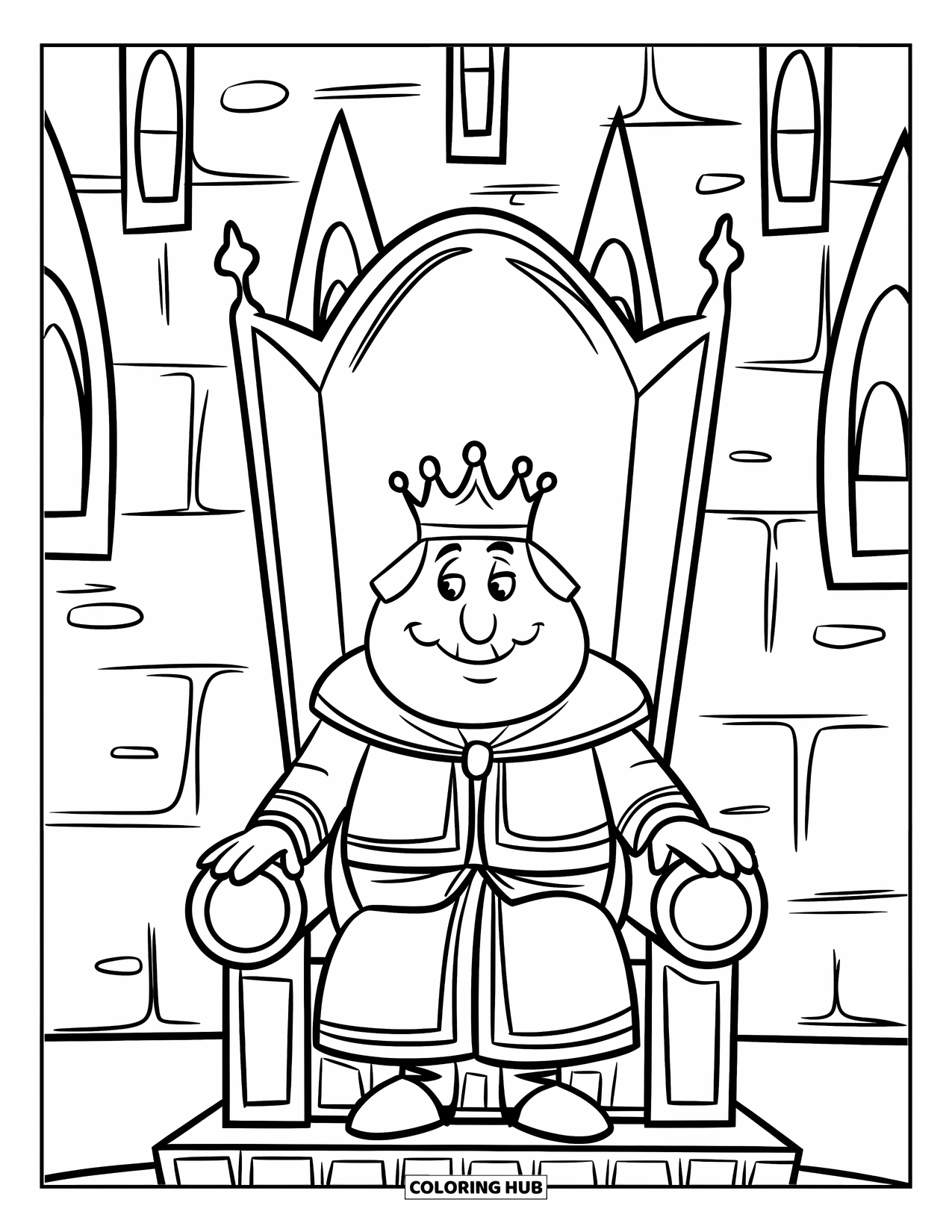 King Coloring Page for Kids: A joyful king sits on a stone throne inside a grand castle