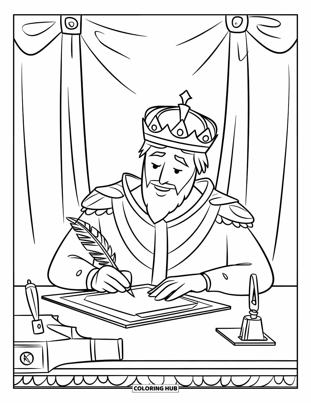 King Coloring Page for Kids: A king signs an important document at his desk with a quill
