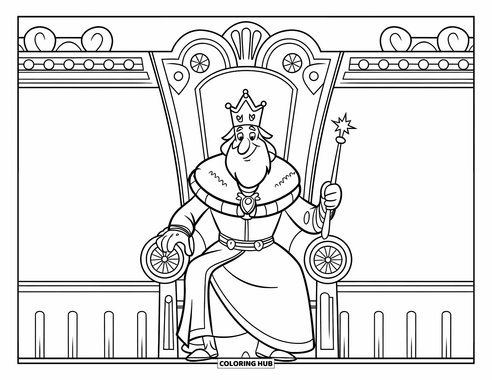 King Coloring Page for Kids: A majestic king sits on a decorated throne with his scepter
