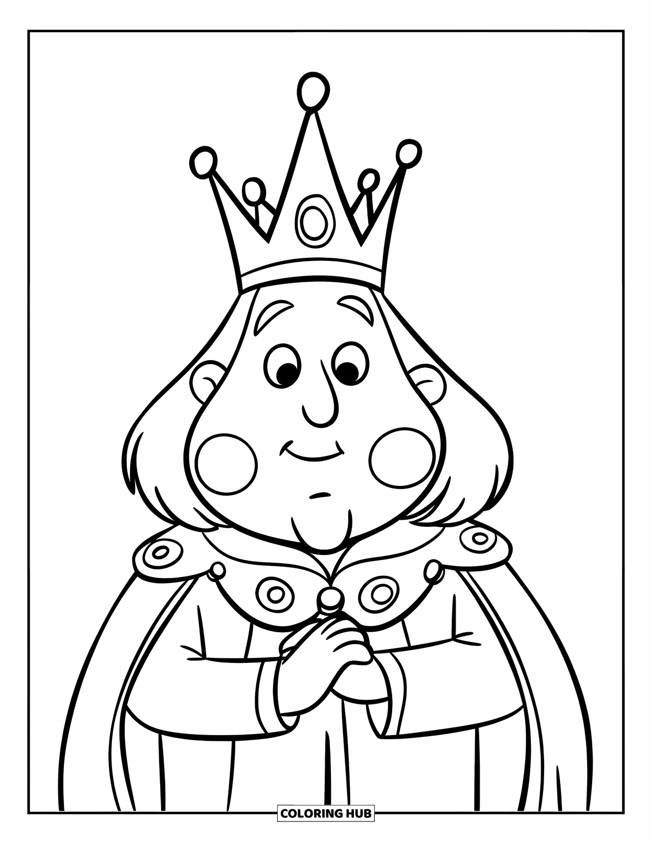 King Coloring Page for Kids: A proud king with round cheeks stands tall in his royal robe