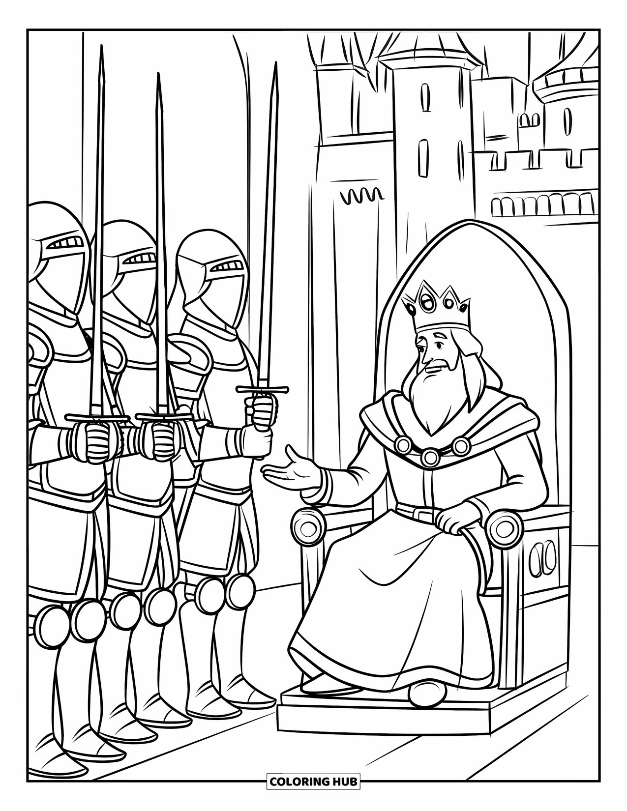 King Coloring Page for Kids: A regal king commands his knights beside a grand castle