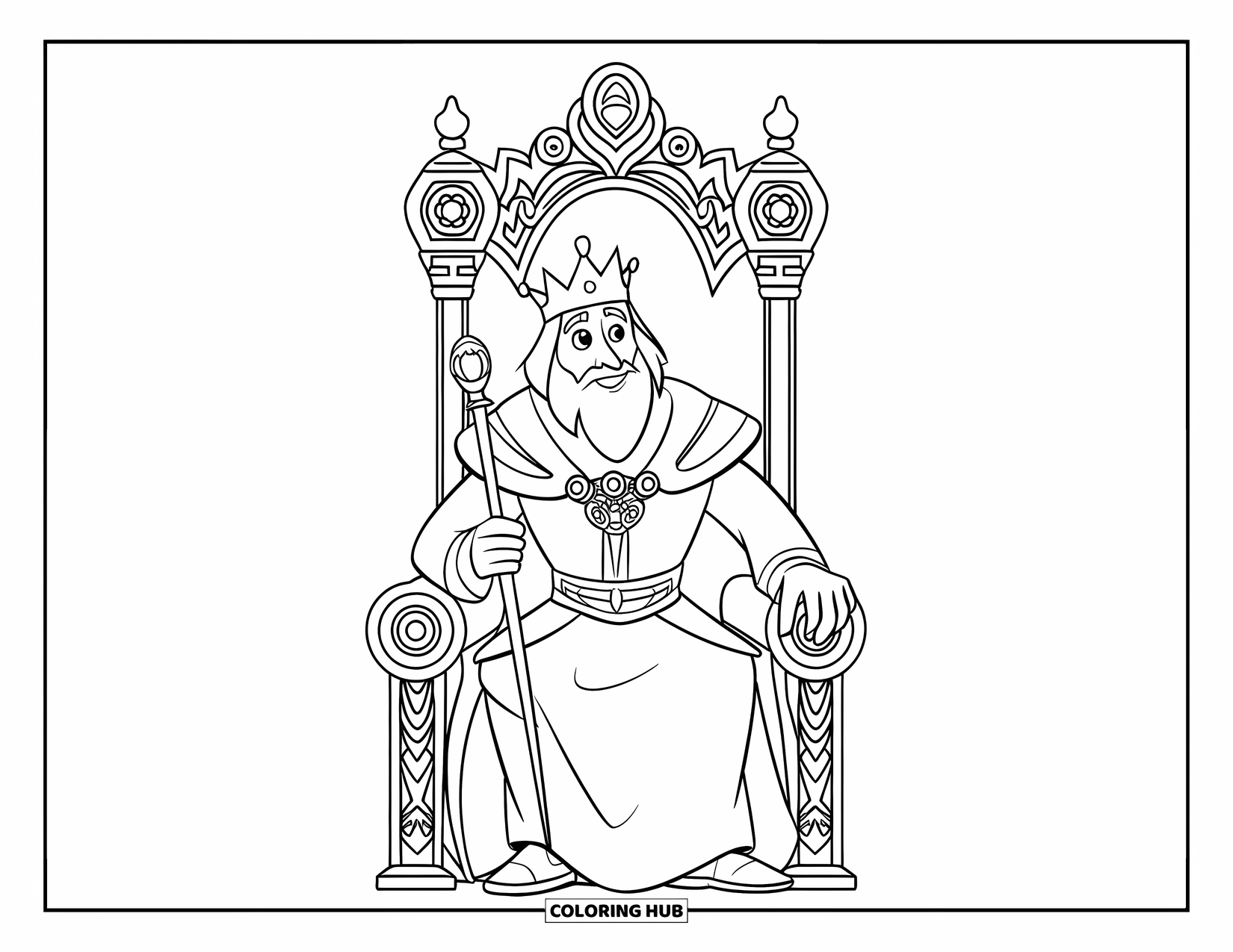 King Coloring Page for Kids: A regal king holds a scepter while seated on an ornate throne