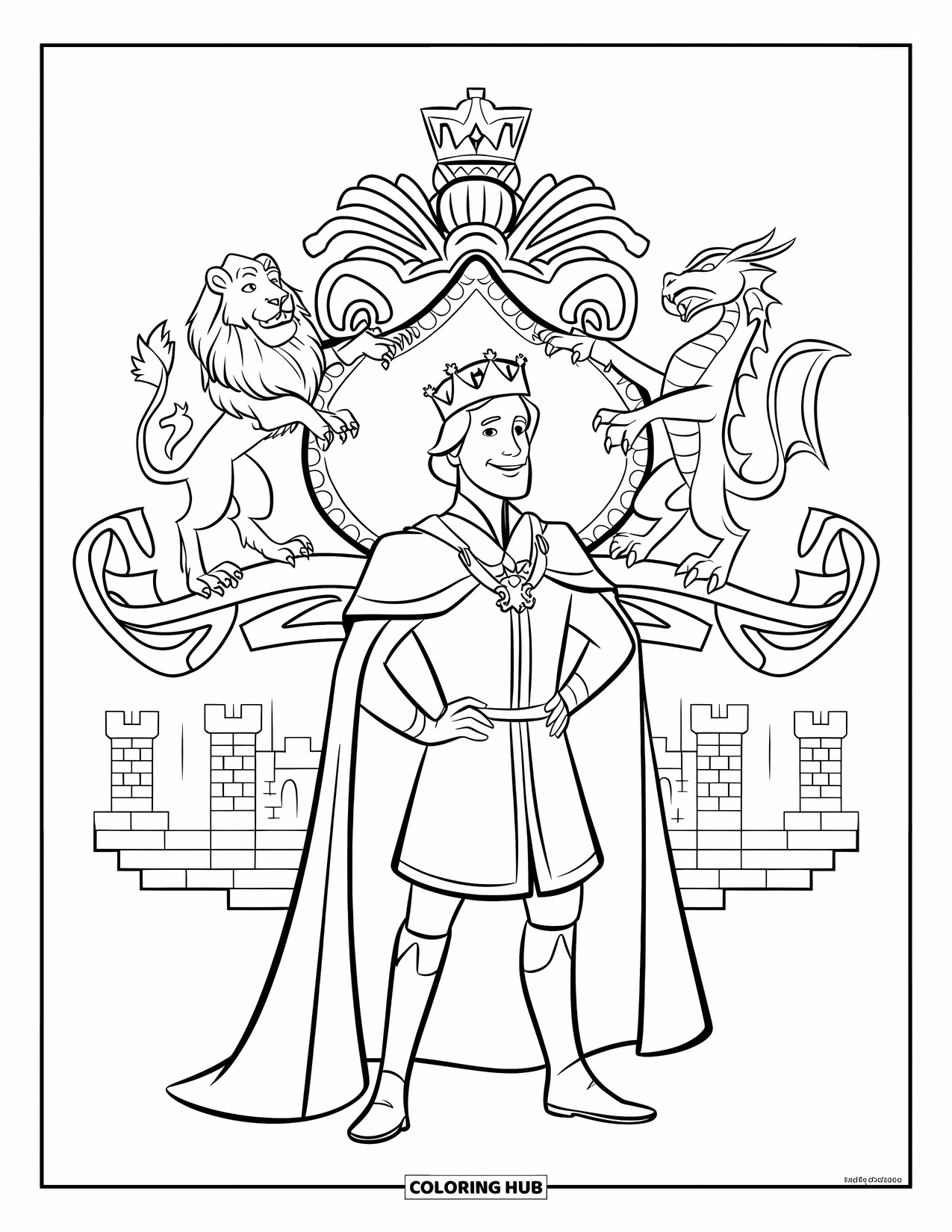 King Coloring Page for Kids: A regal king poses before his royal crest and grand towers
