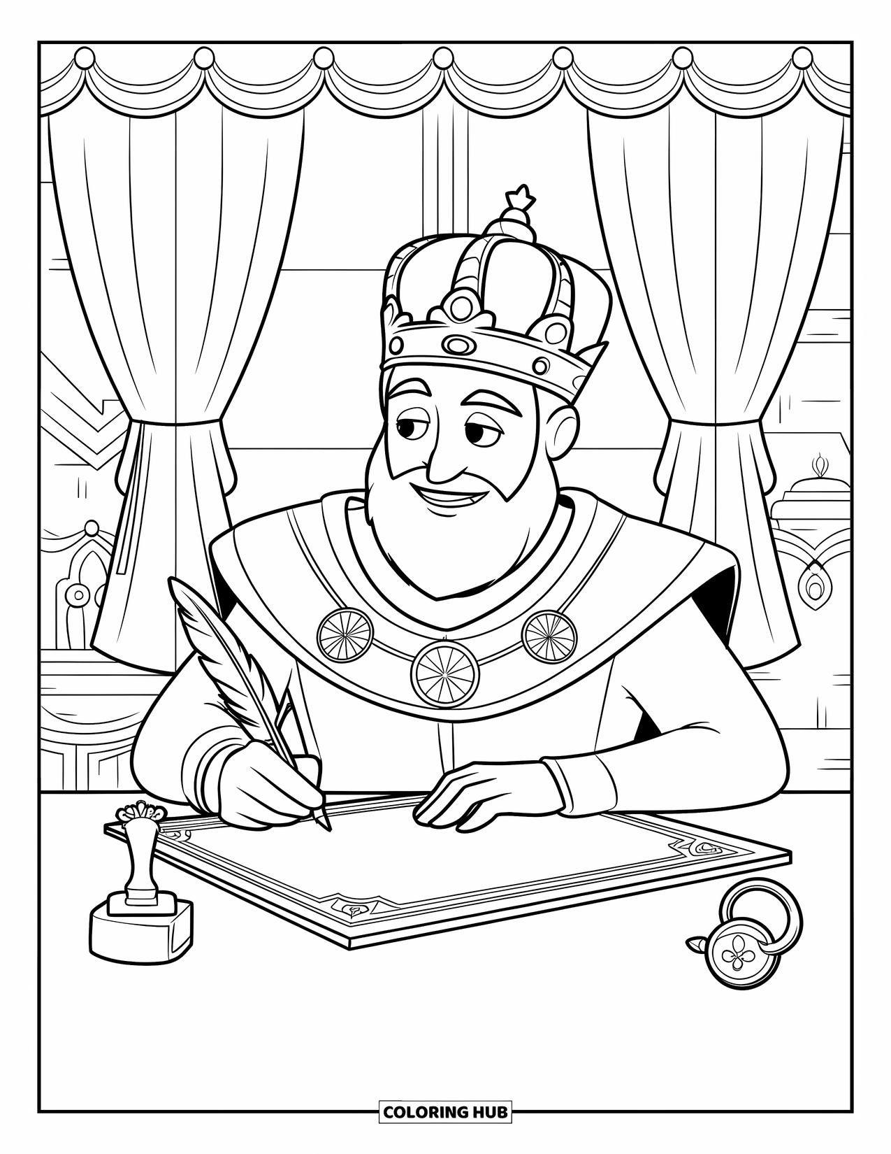 King Coloring Page for Kids: A regal king writes at his desk beside a window and seal