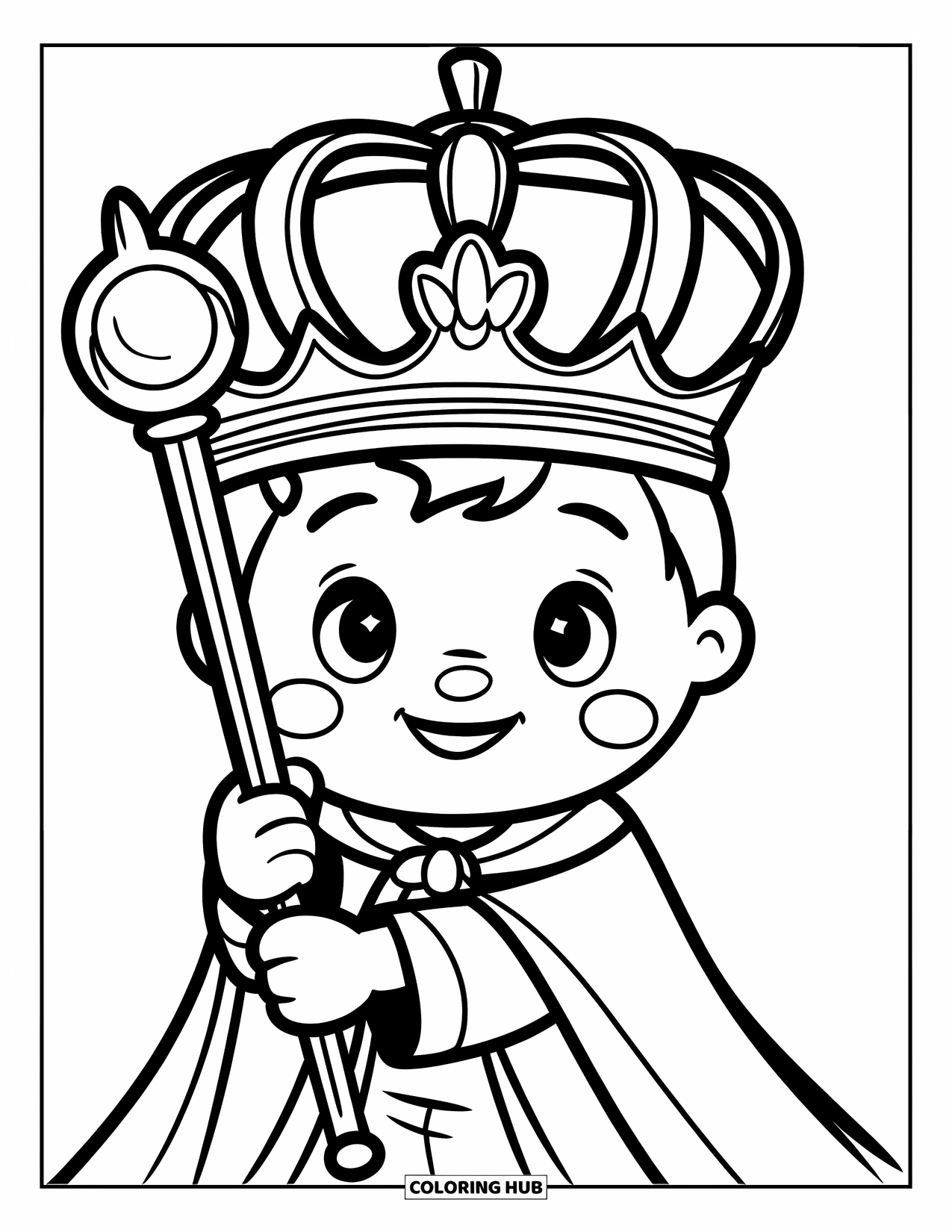 King Coloring Page for Kids: A smiling king holds his scepter while wearing a royal robe
