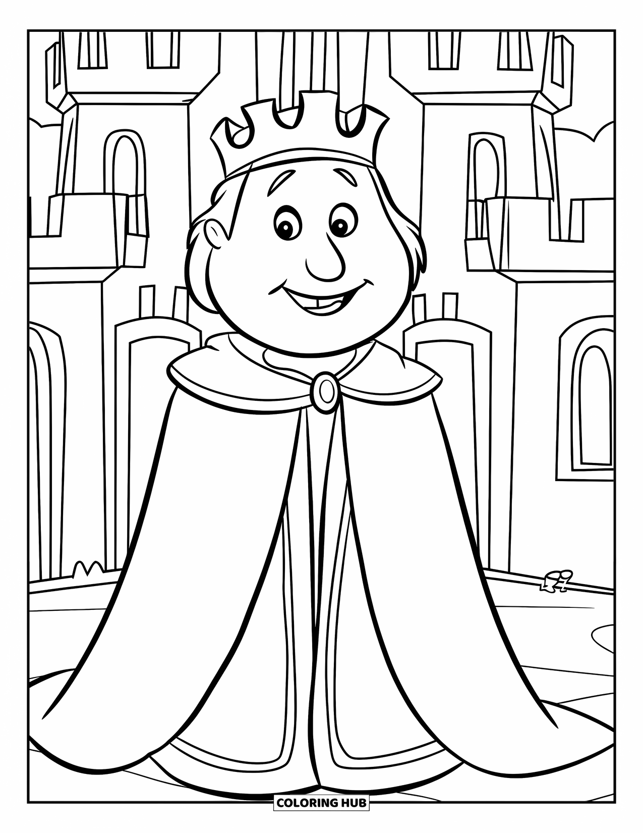 King Coloring Page for Kids: A smiling king in a crown stands before castle towers