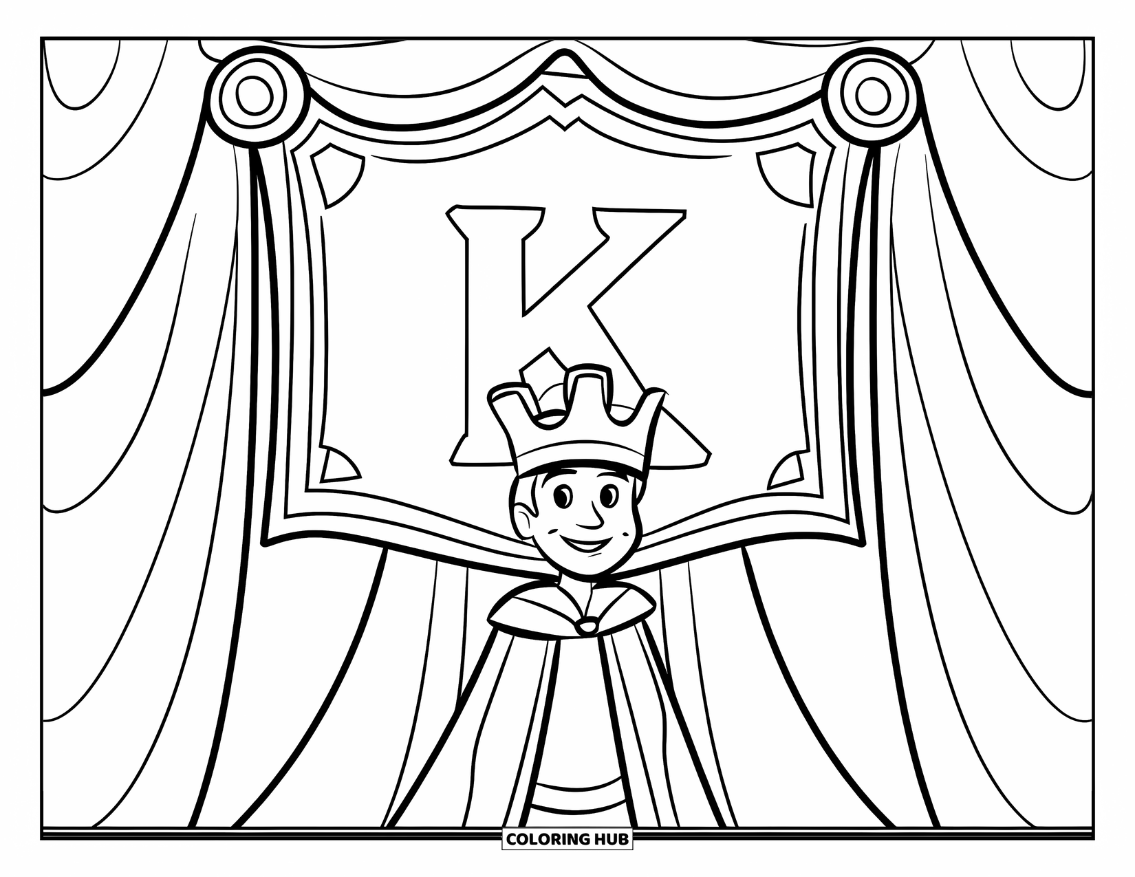 King Coloring Page for Kids: A smiling king stands proudly beneath his royal banner