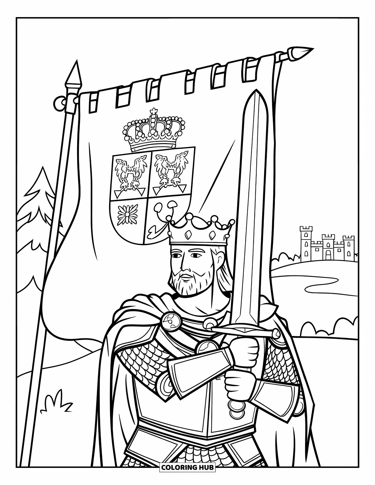 King Coloring Page for Kids: A strong king holds his sword beside his royal coat of arms
