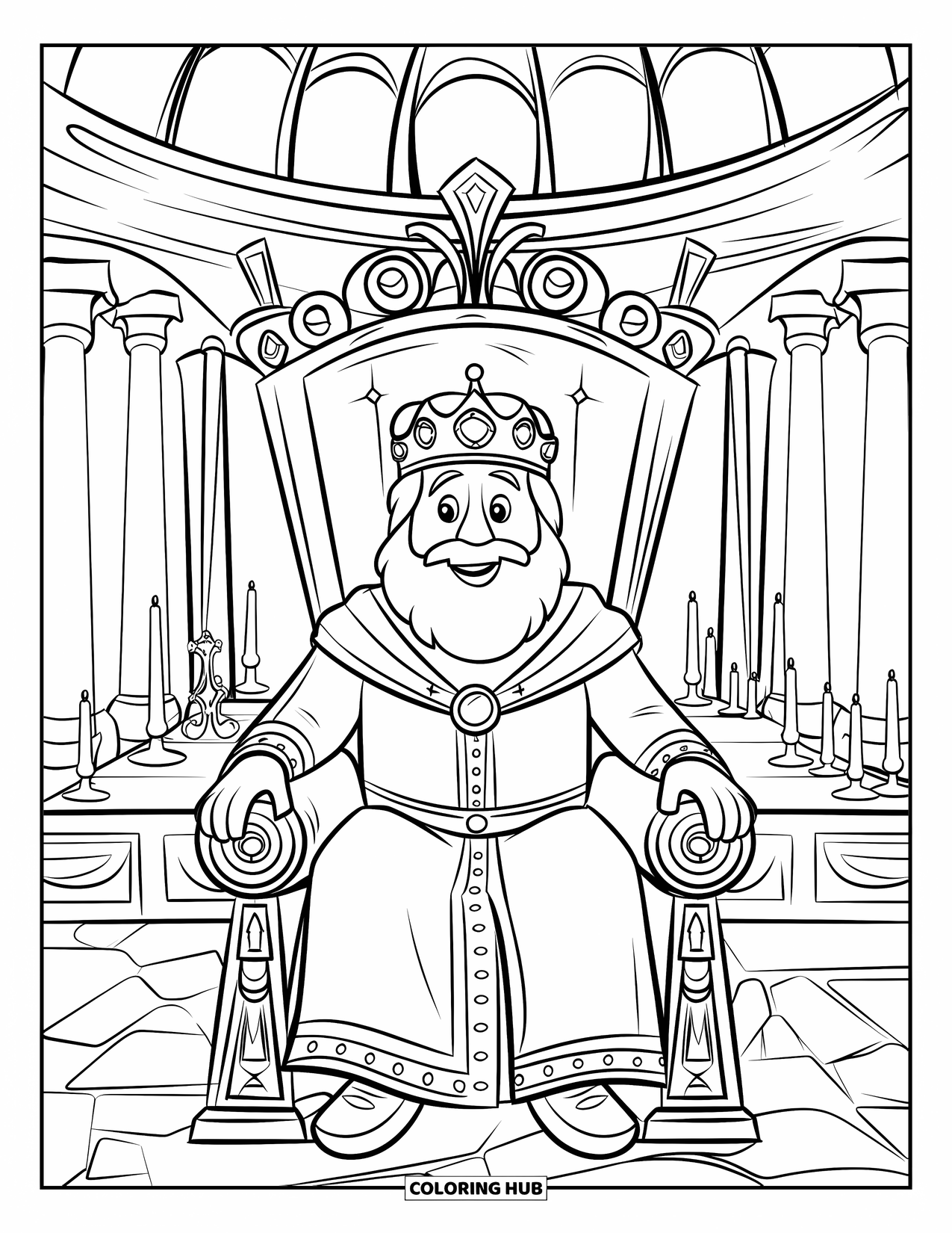 King Coloring Page for Kids: A wise king sits on a jeweled throne beneath stone columns