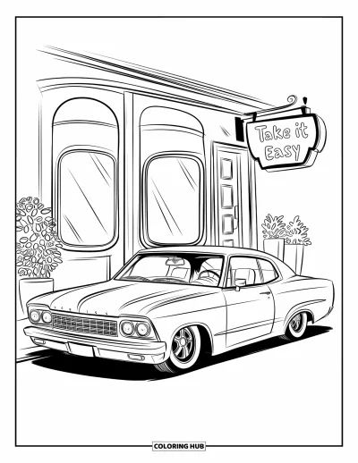Lowrider kifestő felnőtteknek: Egy vidám lowrider egy kis kávézó mellett cserepes növényekkel