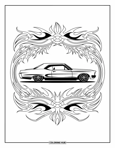 Lowrider kifestő felnőtteknek: Egy klasszikus lowrider bonyolult lángok és csíkozó díszítőművészet között