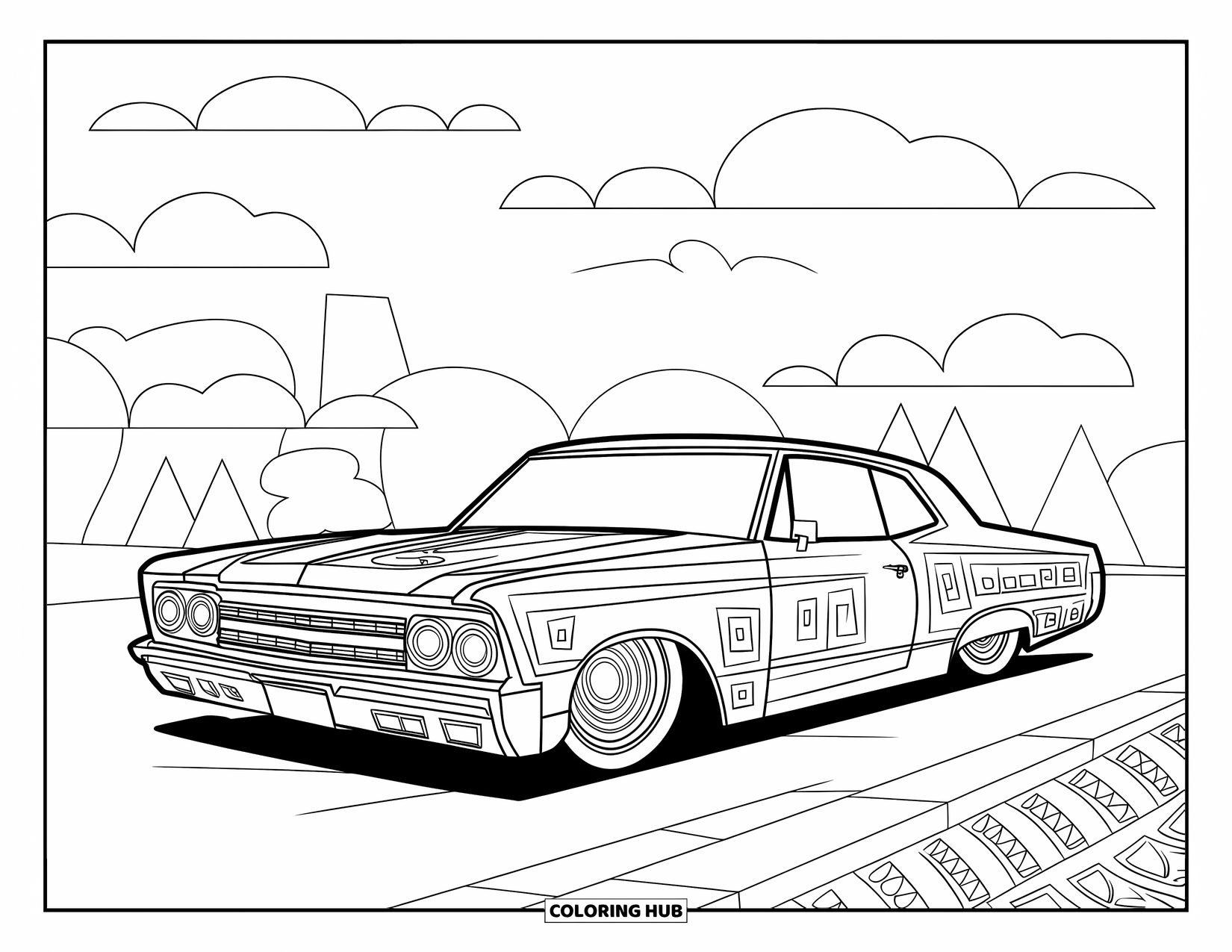 Lowrider Coloring Page for Adults: A classic lowrider surrounded by repeating geometric shapes and trees