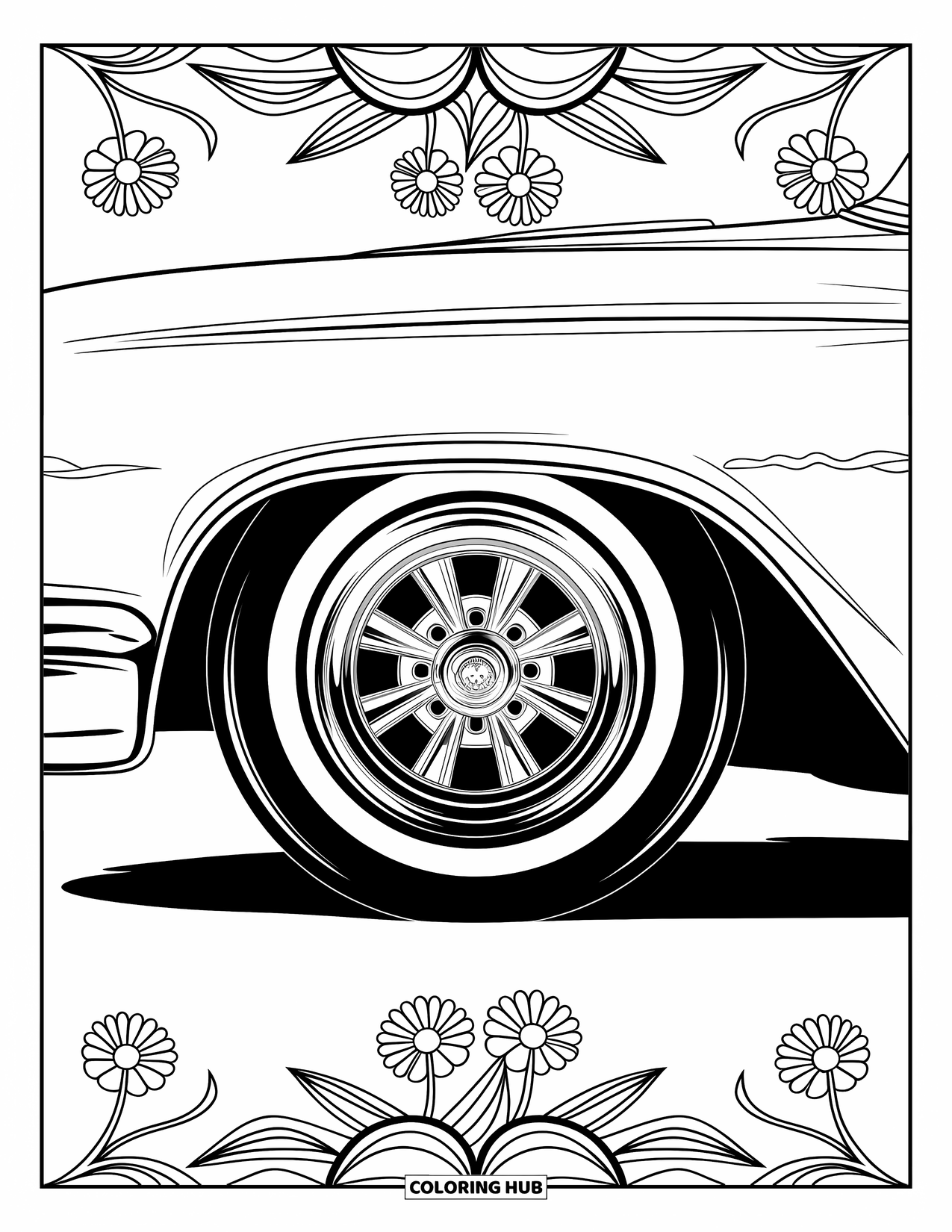 Lowrider Coloring Page for Adults: A close-up lowrider wheel with floral details for a calm design