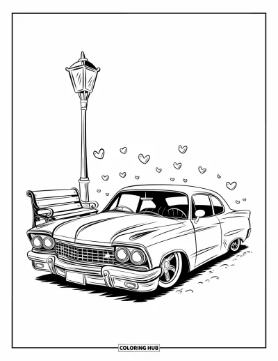 Lowrider kifestő felnőtteknek: Egy kellemes lowrider egy pad és lámpaoszlop mellett apró szívecskékkel