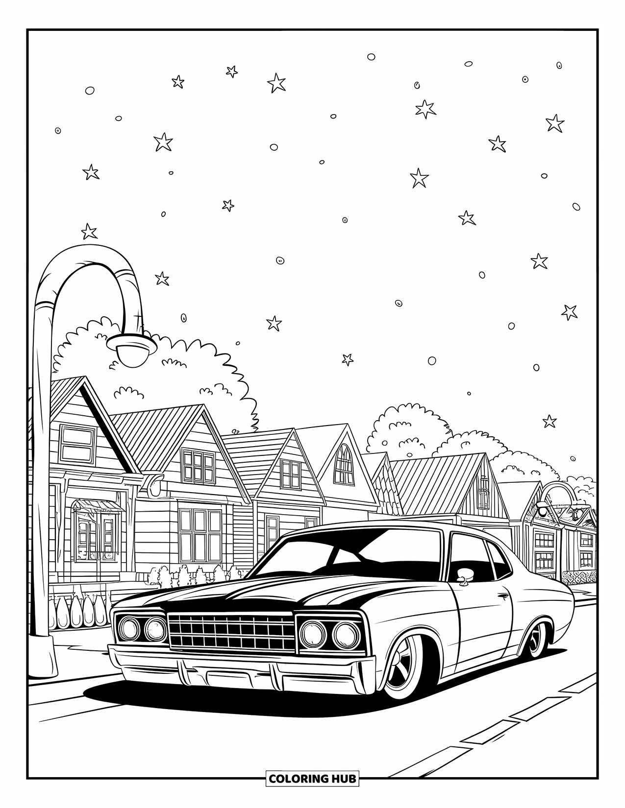 Lowrider Coloring Page for Adults: A cute lowrider parked on a street under a starry sky