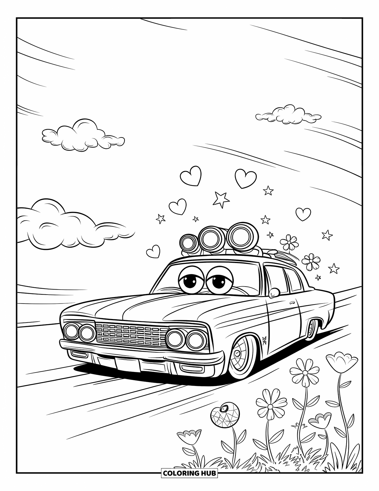 Lowrider Coloring Page for Adults: A cute lowrider with big eyes cruising past flowers and clouds