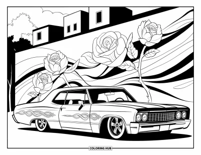Lowrider kifestő felnőtteknek: Egy részletgazdag lowrider egy rózsa falfestmény előtt, közeli épületekkel