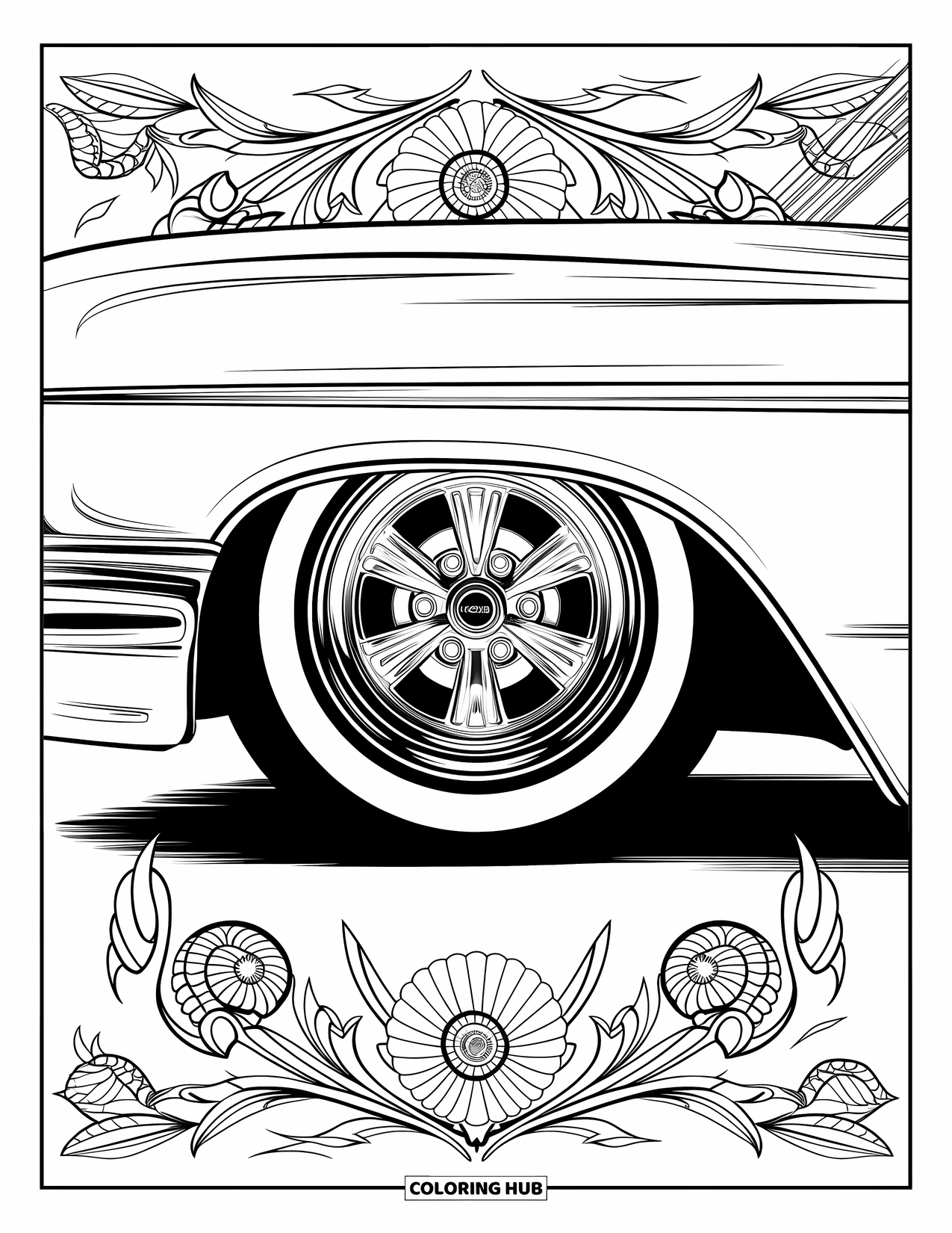 Lowrider Coloring Page for Adults: A detailed lowrider wheel surrounded by delicate floral designs