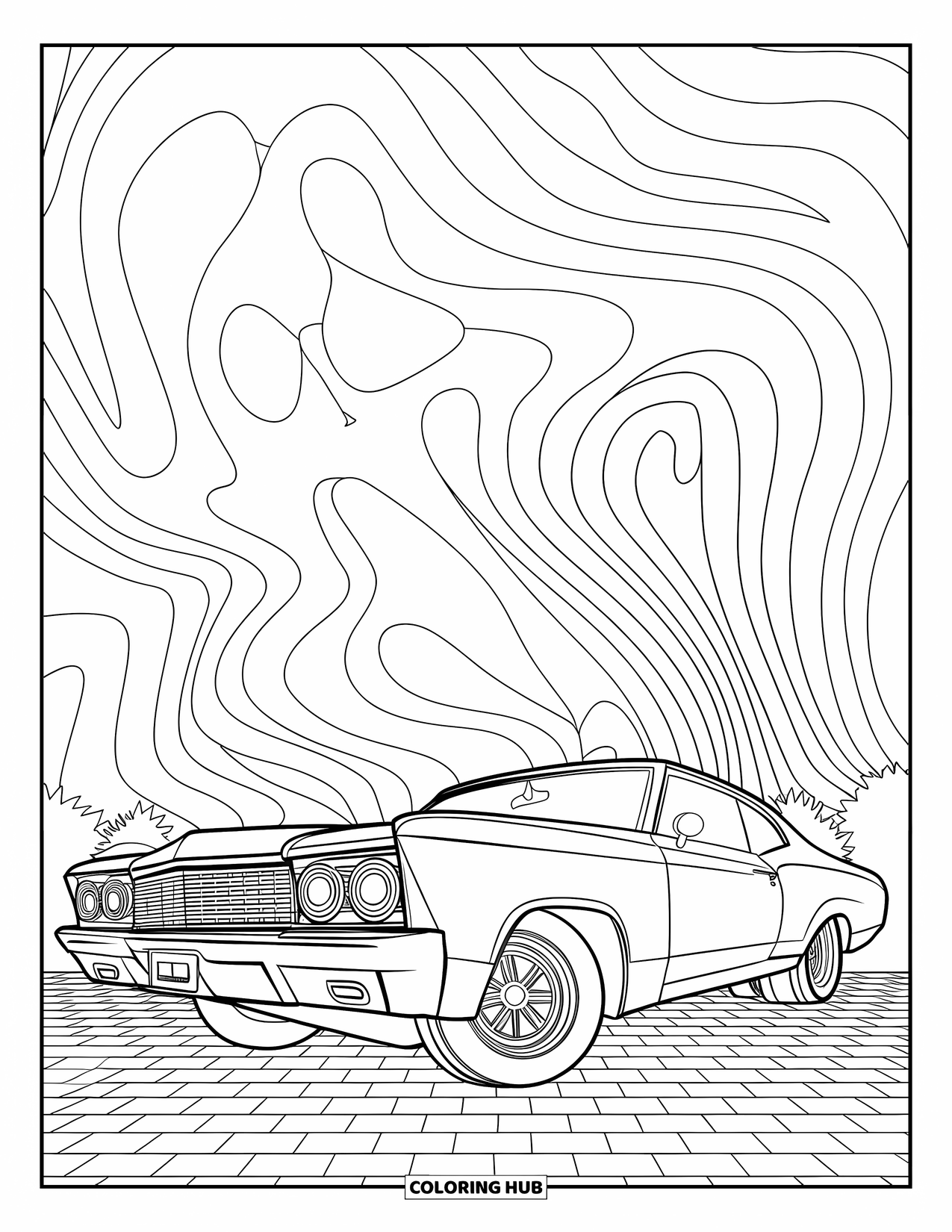 Lowrider Coloring Page for Adults: A detailed top view of a lowrider surrounded by elegant abstract lines