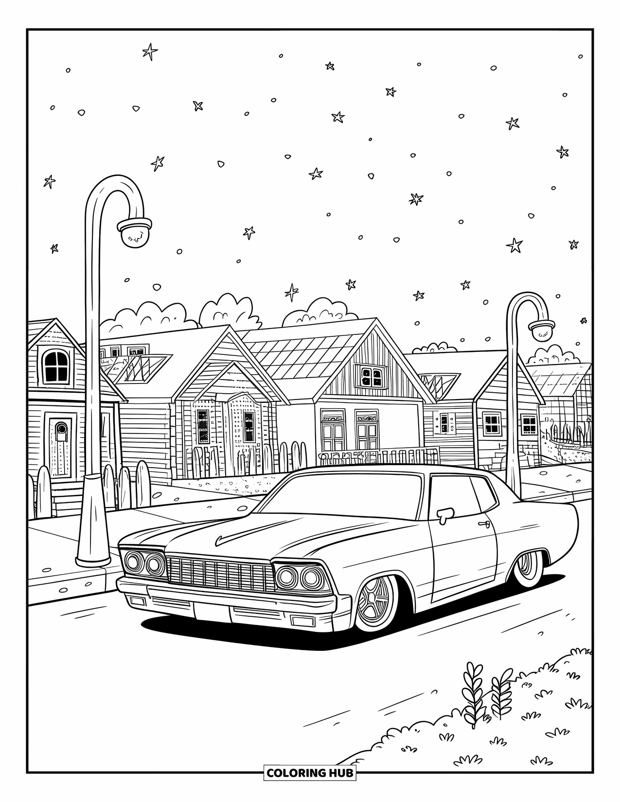 Lowrider Coloring Page for Adults: A friendly lowrider rests on a cozy street under twinkling stars