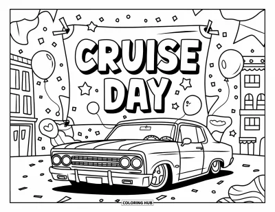 Lowrider kifestő felnőtteknek: Egy barátságos lowrider “Cruise Day” feliratú transzparens alatt konfettivel