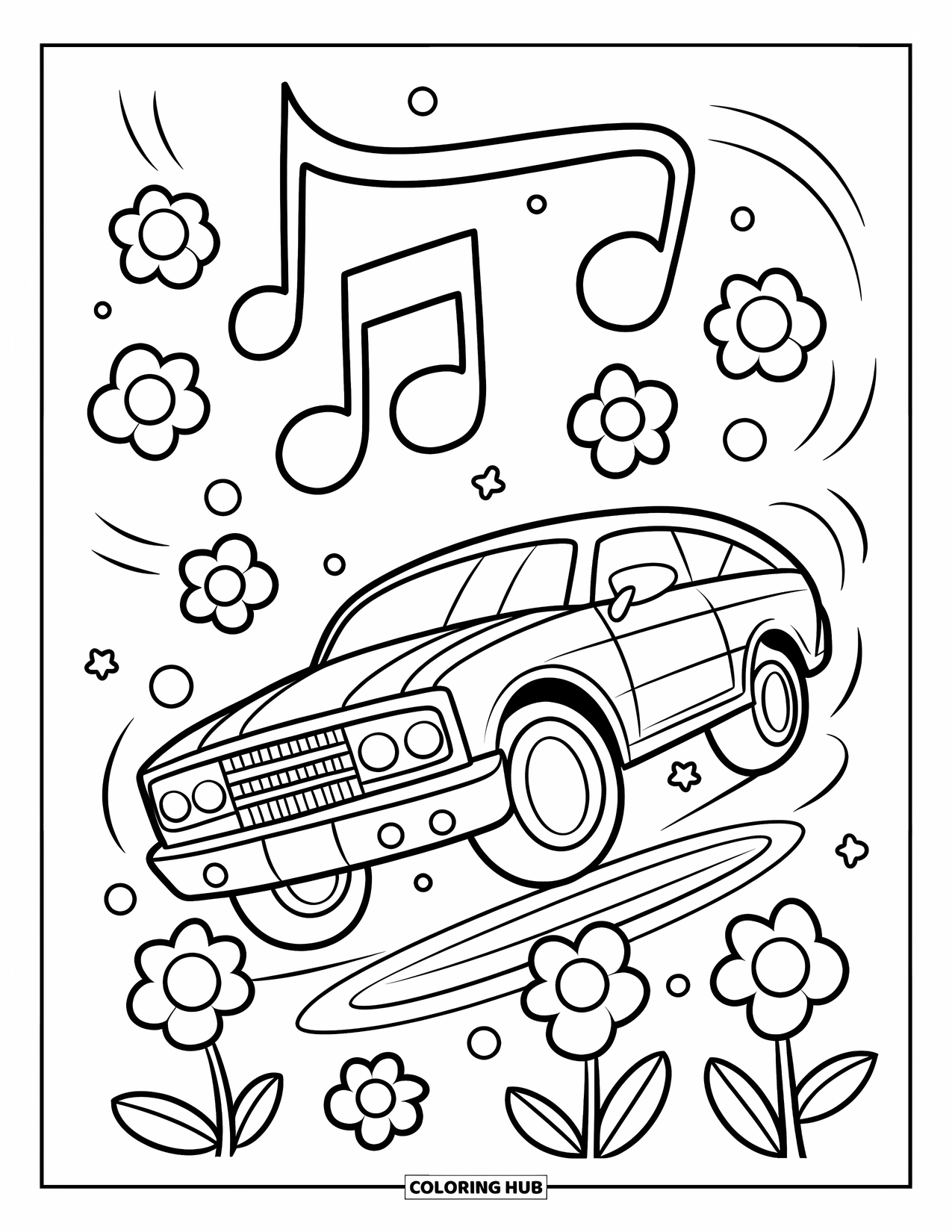 Lowrider Coloring Page for Adults: A joyful lowrider bouncing as musical notes and flowers swirl