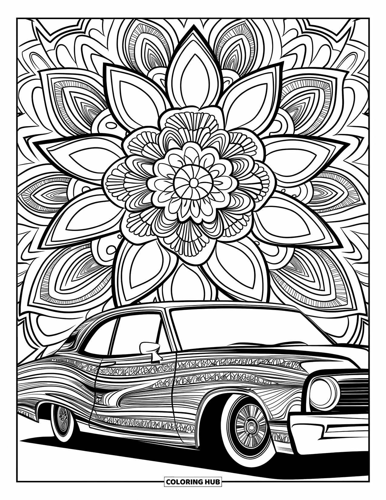 Lowrider Coloring Page for Adults: A lowrider covered in detailed mandala and pinstripe designs