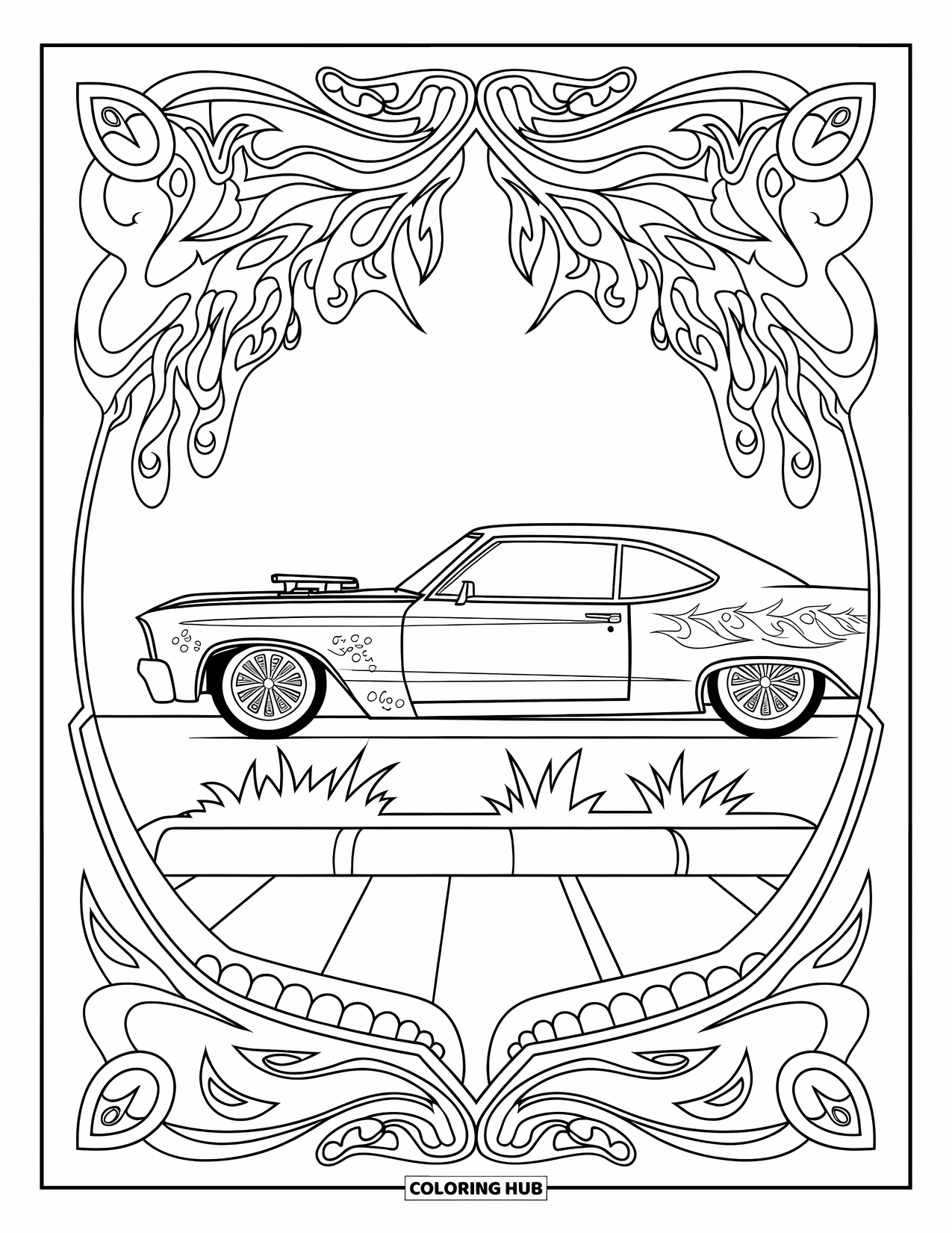 Lowrider Coloring Page for Adults: A lowrider side profile framed by flames, vines, and borders