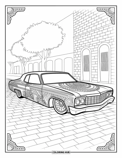 Lowrider kifestő felnőtteknek: Egy lowrider mandala és csíkozó díszítőművészettel, épületek közelében parkolva