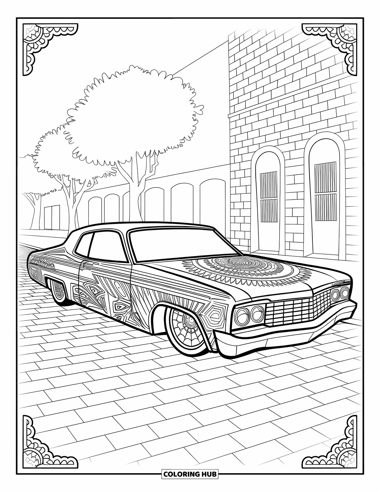 Lowrider Coloring Page for Adults: A lowrider with mandala and pinstripe art parked near buildings