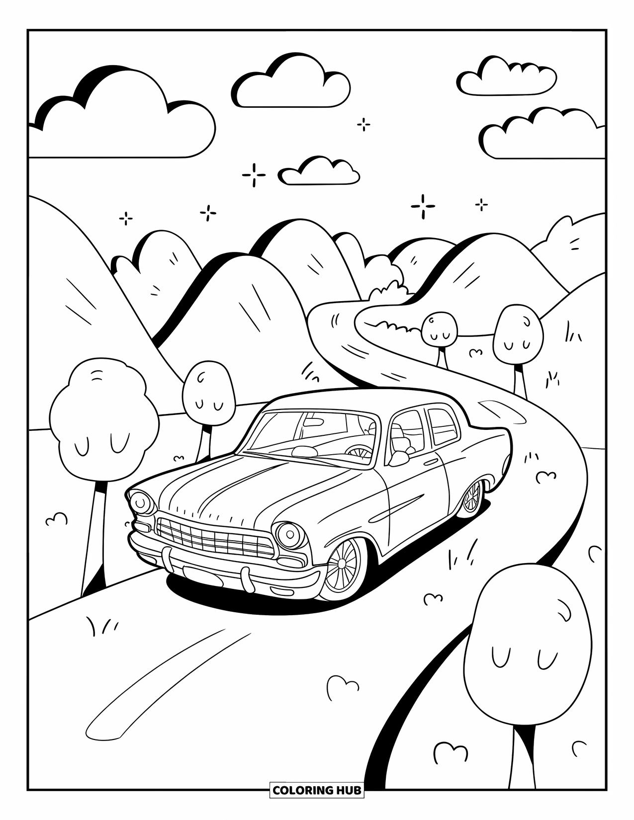 Lowrider Coloring Page for Adults: A miniature lowrider glides down a cozy path with soft trees
