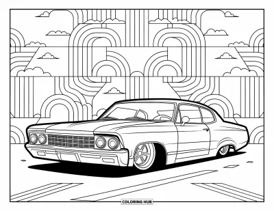 Lowrider kifestő felnőtteknek: Egy retró lowrider geometrikus minták között parkol tiszta ég alatt