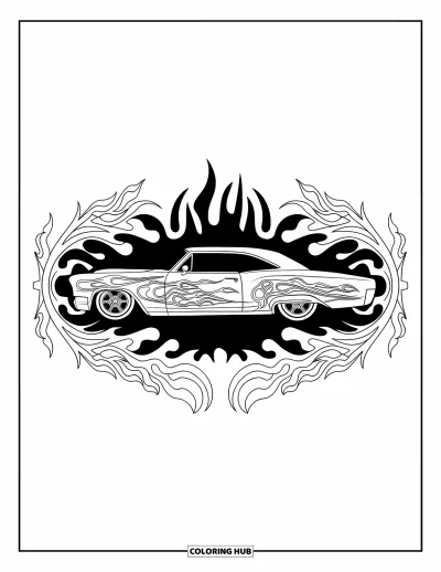 Lowrider kifestő felnőtteknek: Egy oldalnézetes lowrider lángok, indák és csíkozó díszítőelemek által keretezve