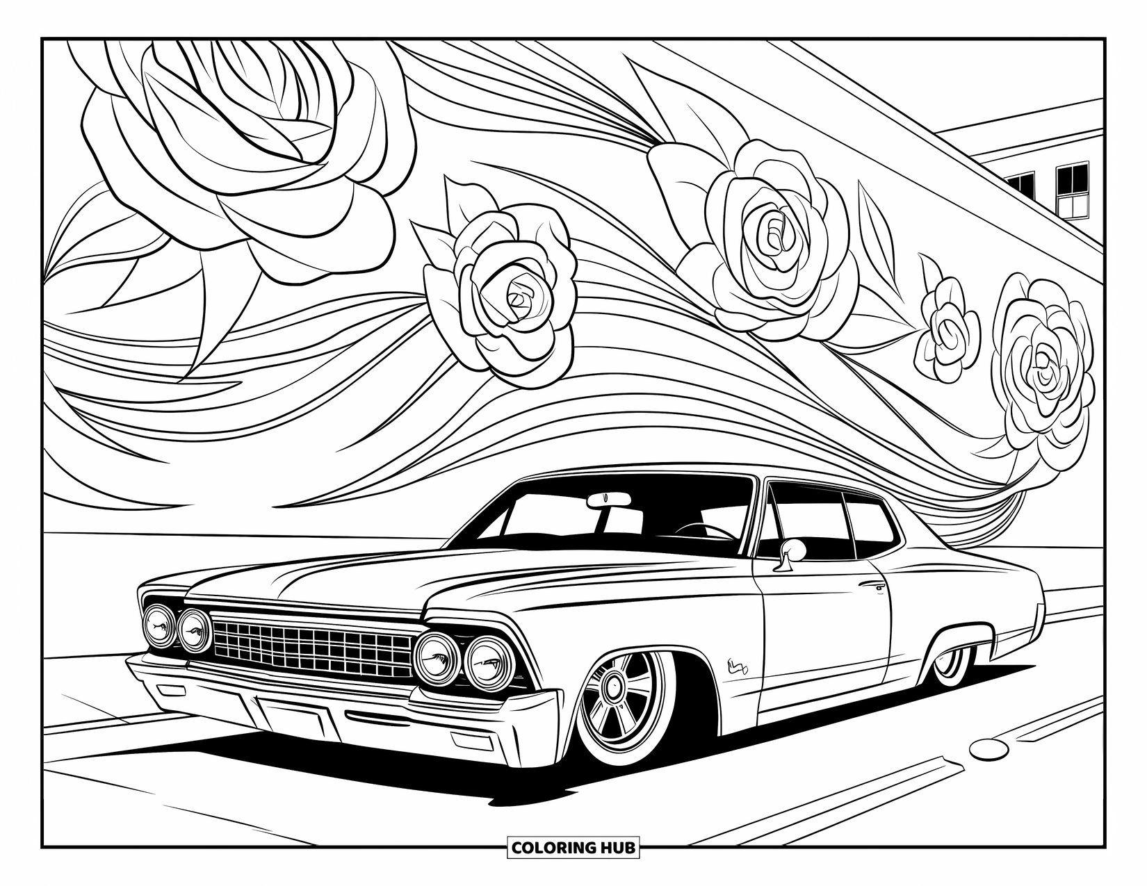Lowrider Coloring Page for Adults: A sleek lowrider beside a rose mural painted on a city wall