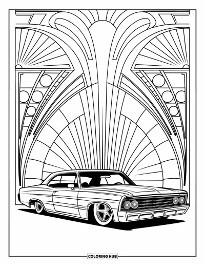 Lowrider kifestő felnőtteknek: Egy karcsú lowrider geometrikus art déco formák és vonalak előtt