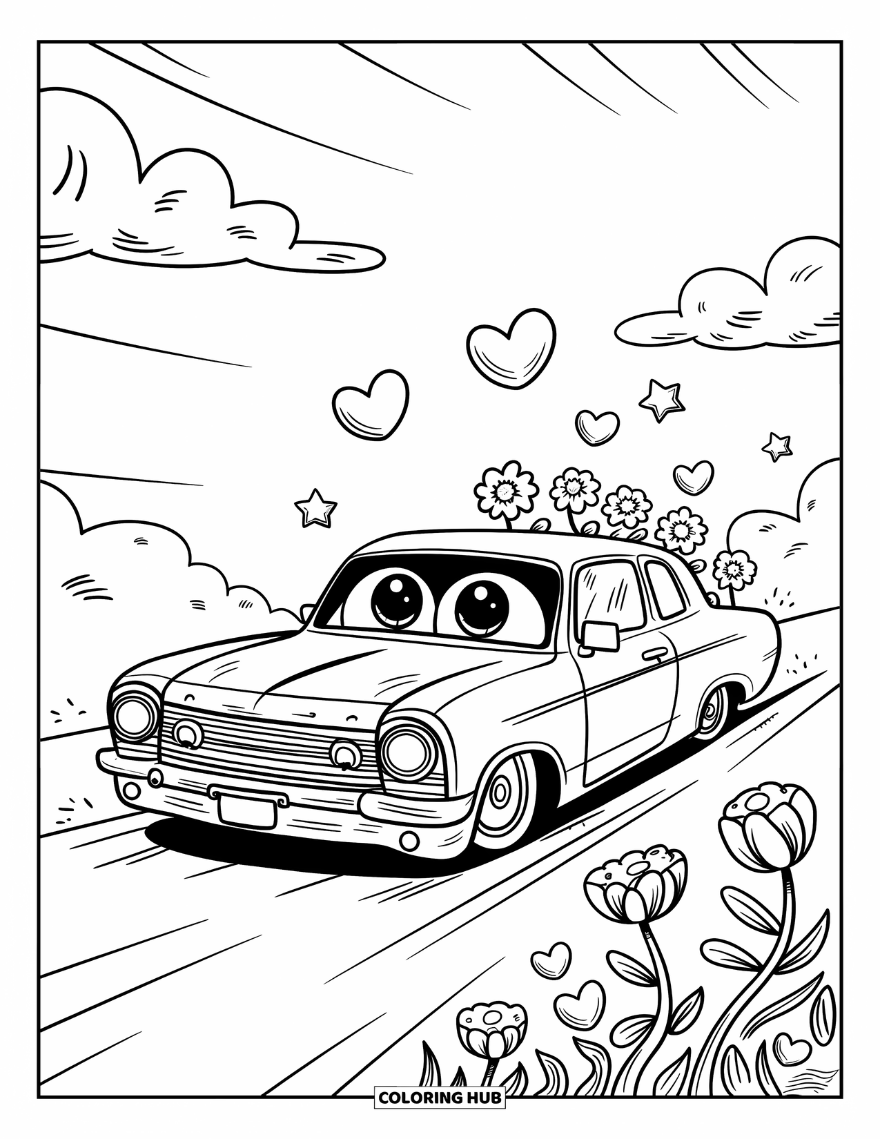 Lowrider Coloring Page for Adults: A smiling lowrider with hearts and stars drifting overhead
