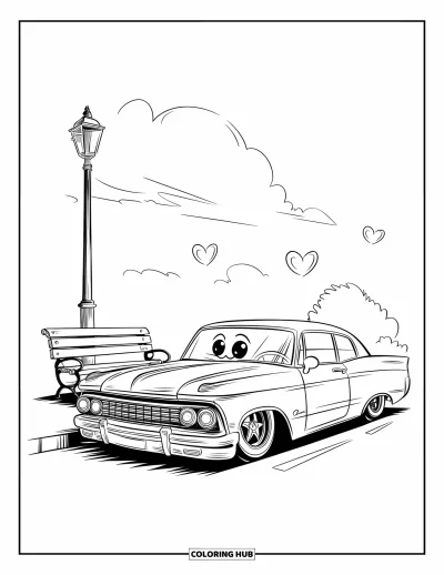 Lowrider kifestő felnőtteknek: Egy mosolygó lowrider lebegő szívekkel egy hangulatos pad közelében
