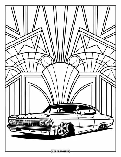Lowrider kifestő felnőtteknek: Egy stílusos lowrider félkövér art déco formák és minták által keretezve
