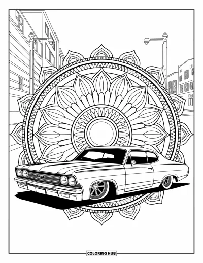Lowrider kifestő felnőtteknek: Egy stílusos lowrider körkörös mandala és csíkozó díszítőelemekkel keretezve