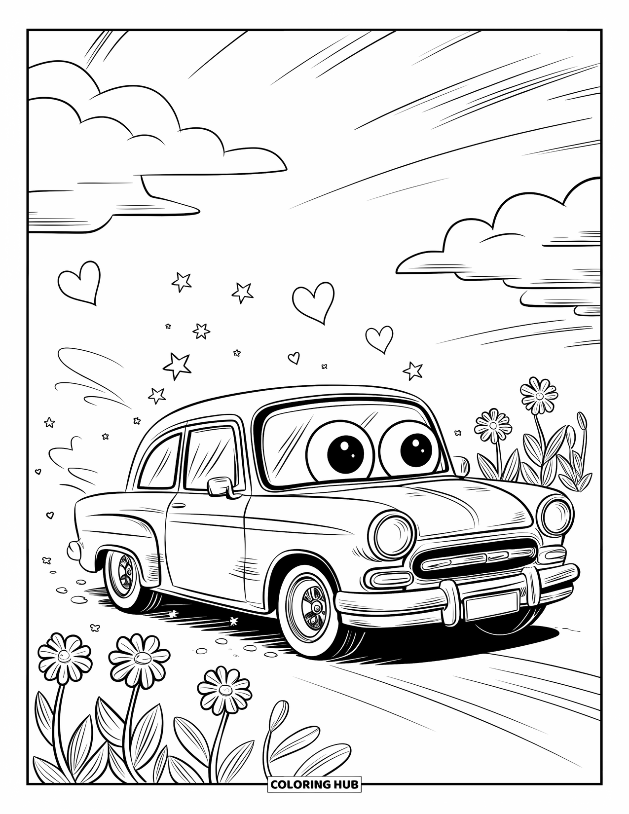 Lowrider Coloring Page for Adults: A sweet lowrider with big eyes and flowers beneath fluffy clouds
