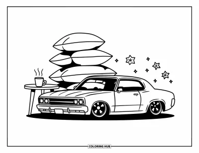Lowrider kifestő felnőtteknek: Egy kis lowrider párnák mellett pihen egy gőzölgő csésze közelében