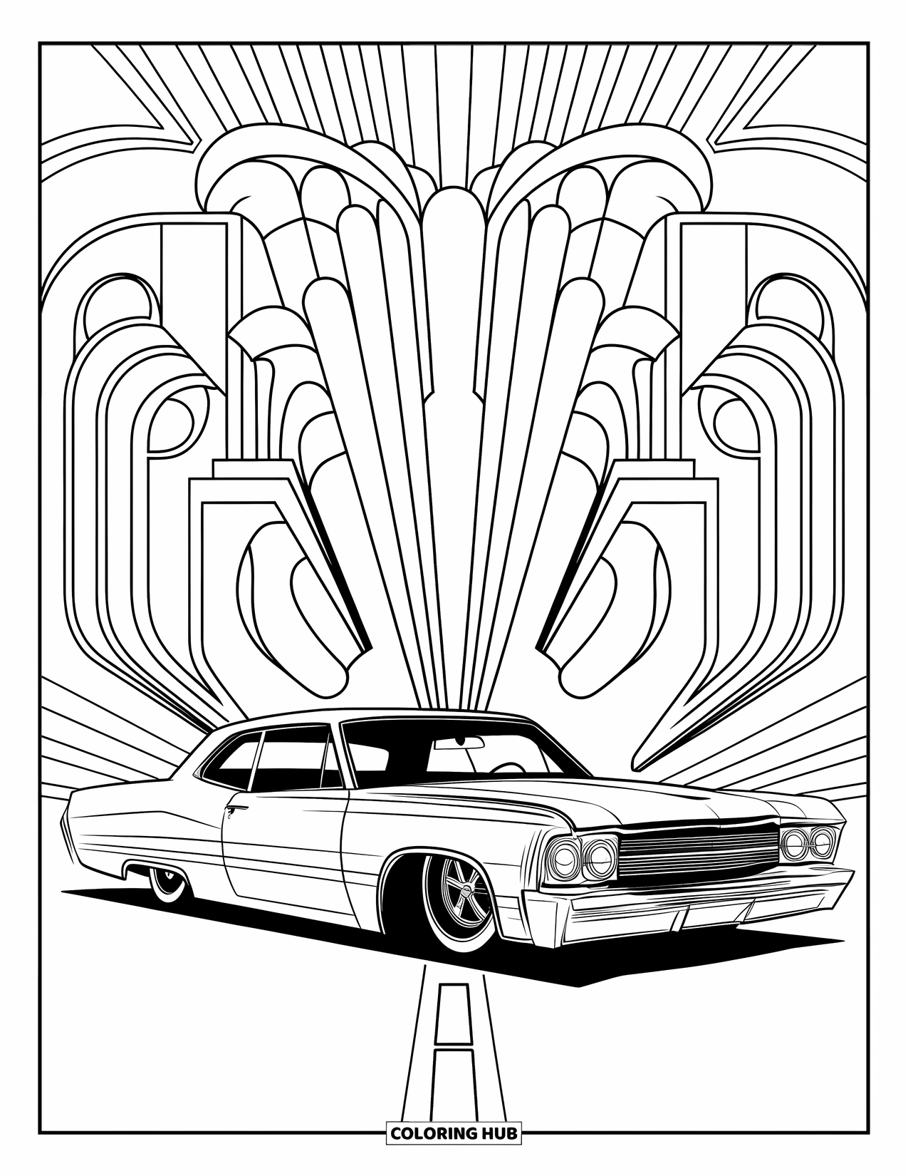 Lowrider Coloring Page for Adults: An elegant lowrider with a symmetrical art deco pattern behind it