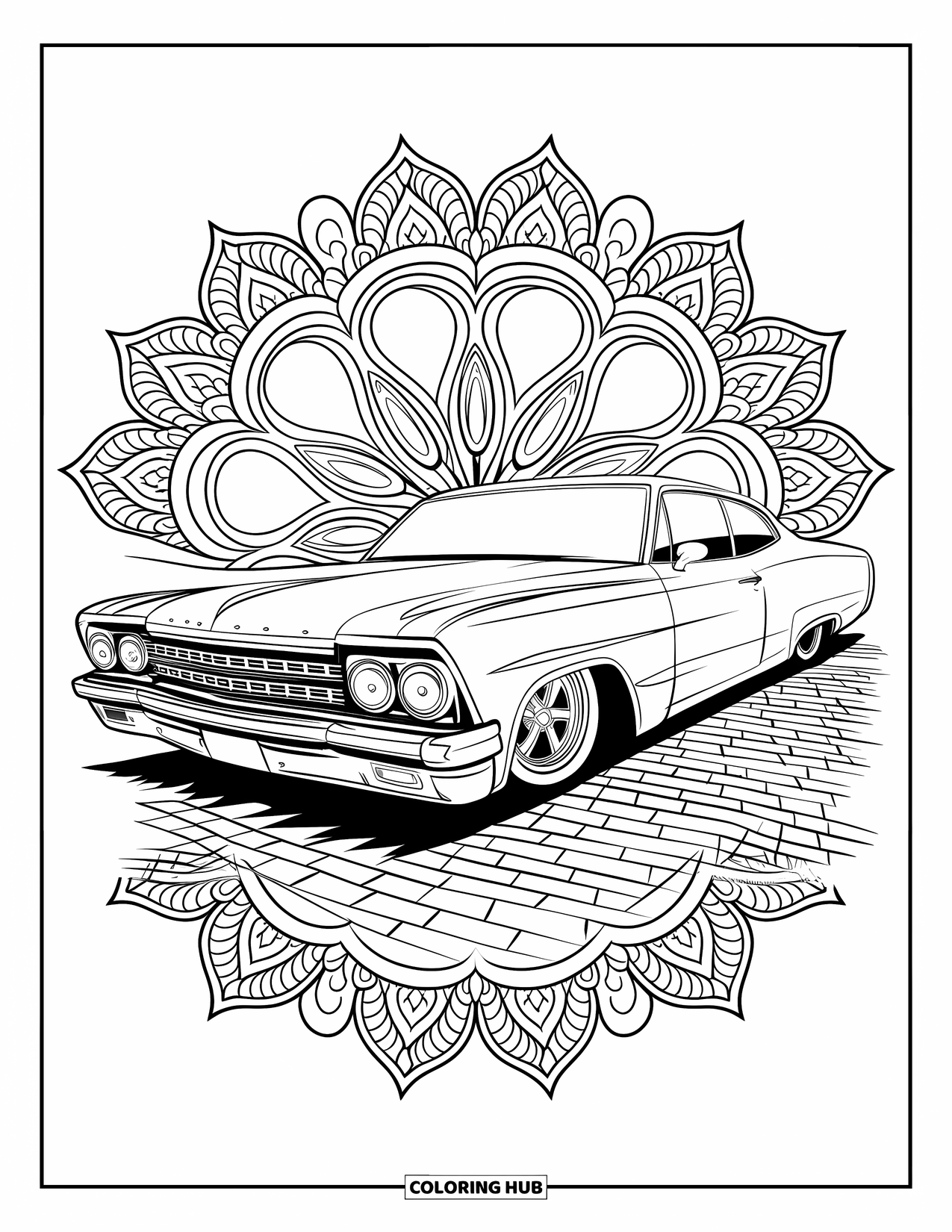 Lowrider Coloring Page for Adults: An ornate lowrider surrounded by mandala and pinstripe patterns