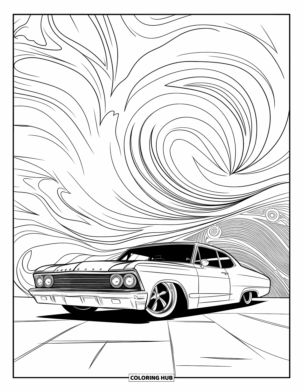 Lowrider Coloring Page for Adults: An overhead view of a lowrider framed by artistic swirling shapes
