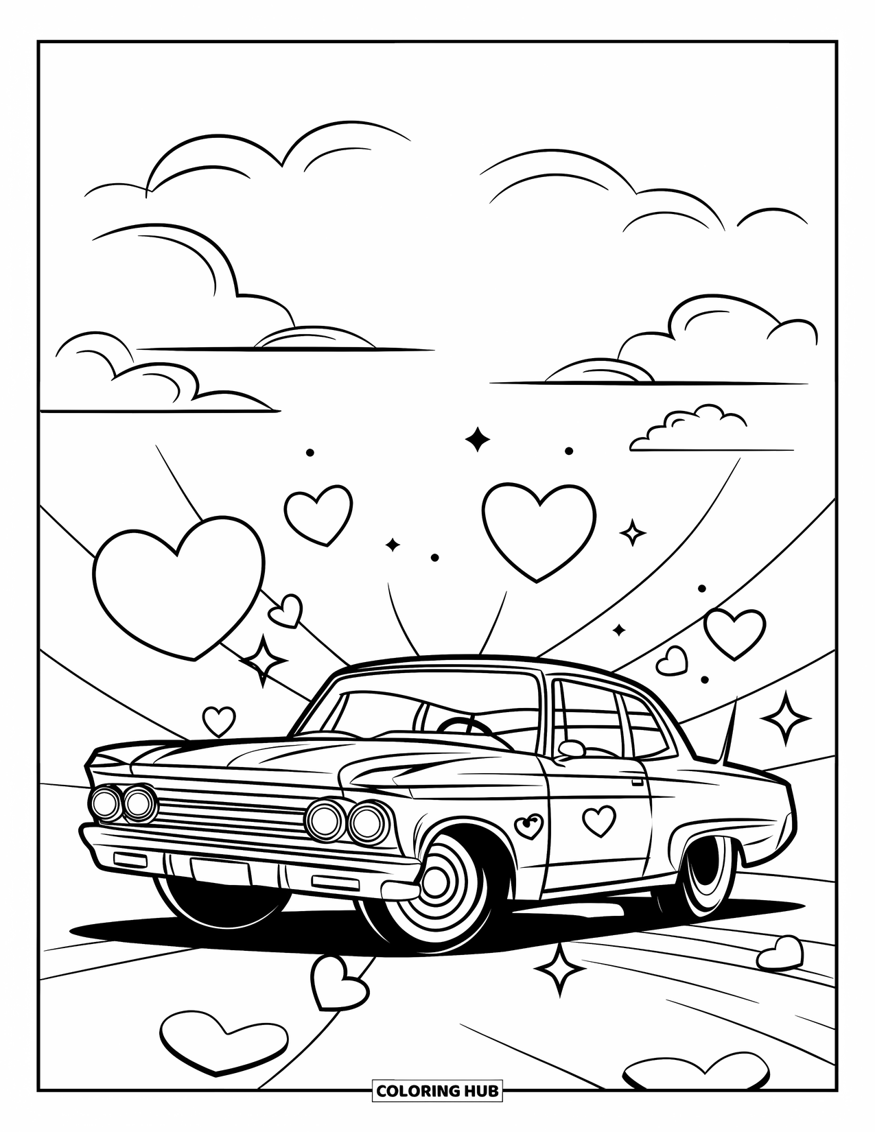 Lowrider Coloring Page for Kids: A bubble-top lowrider with hearts, stars, and clouds around it